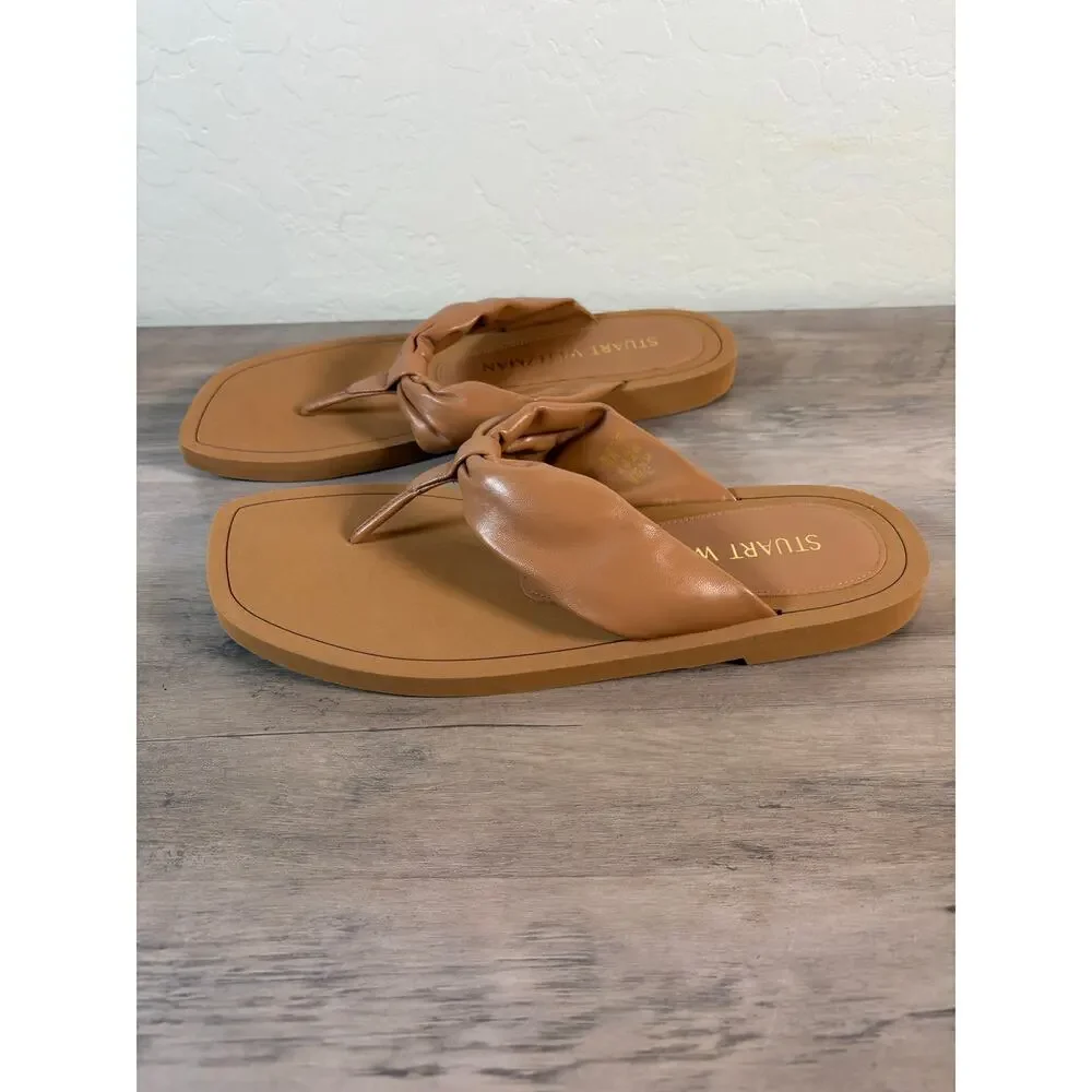 Stuart Weitzman‎ Goldie Knot Tan Leather Square Toe Thong Sandals Womens 10.5B